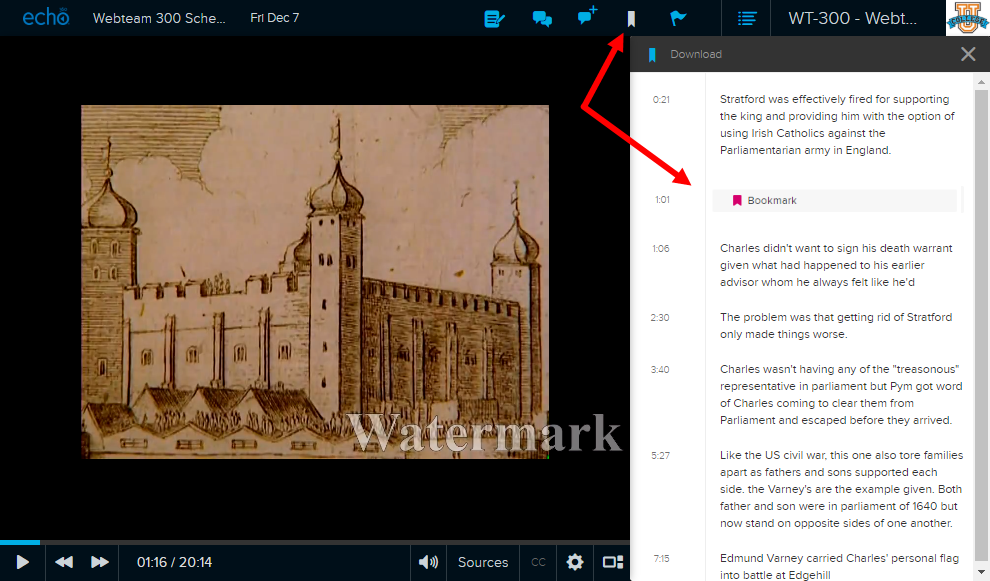 Student classroom view with Bookmark icon and bookmark appearing in notes panel as described
