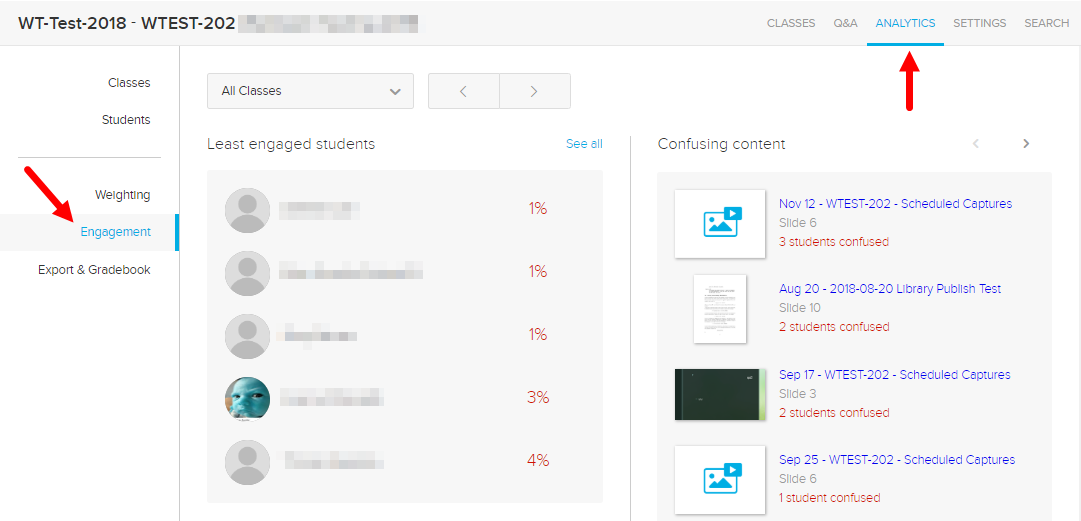 Engagement tab of the Analytics page showing least engaged students and confusing content as described