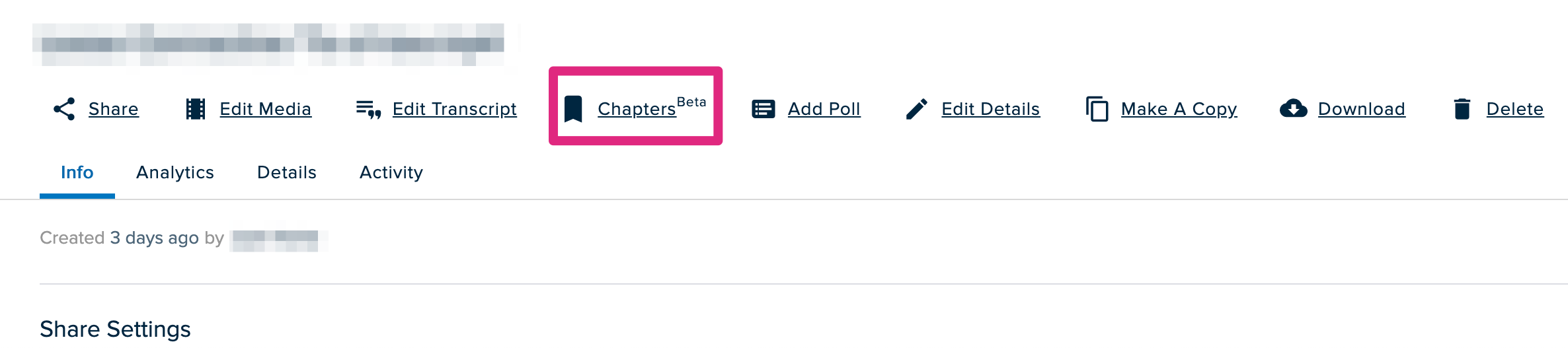 Video Details displyaed with Chapters identified in the action toolbar