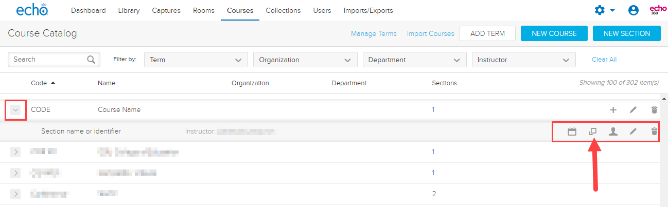 Course list with section showing and action icons with Clone icon identified for steps as described