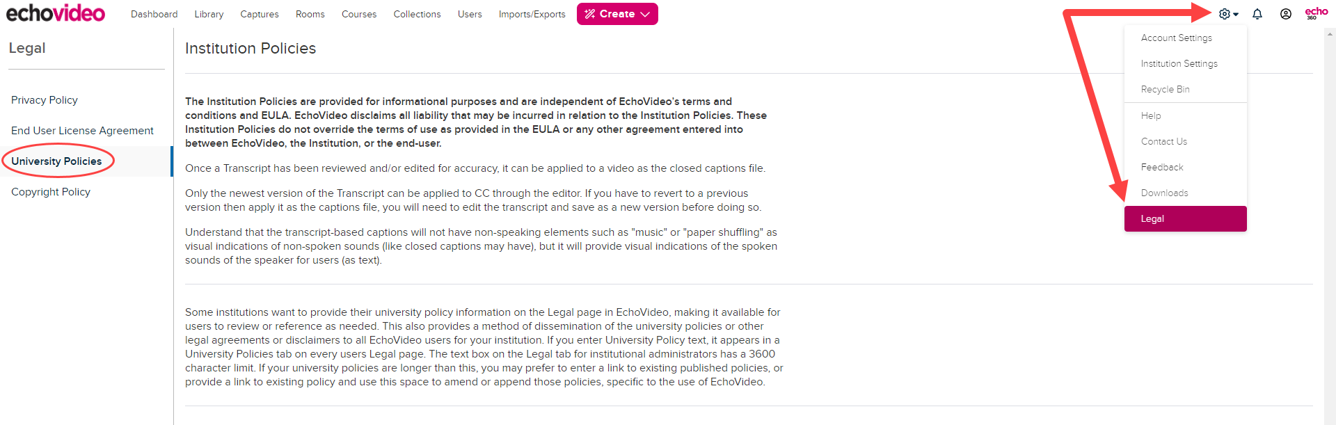 User view of Legal page with University Policies tab shown as described