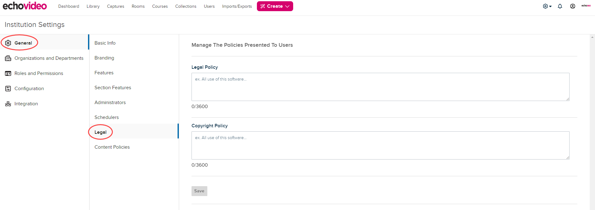 Legal tab of General Institutional settings page with text box shown as described