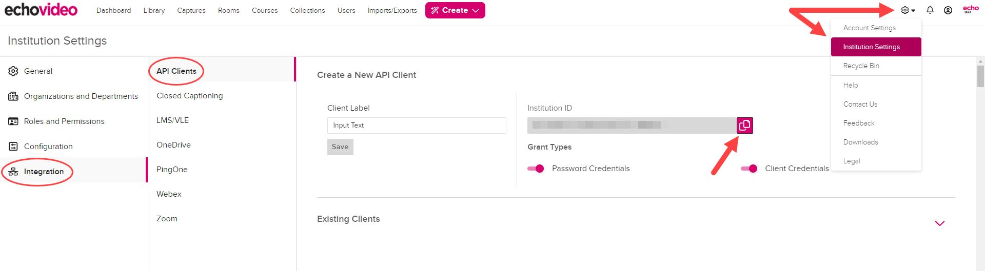 API Configurations page with arrows showing navigation to the page and the institution ID field as described