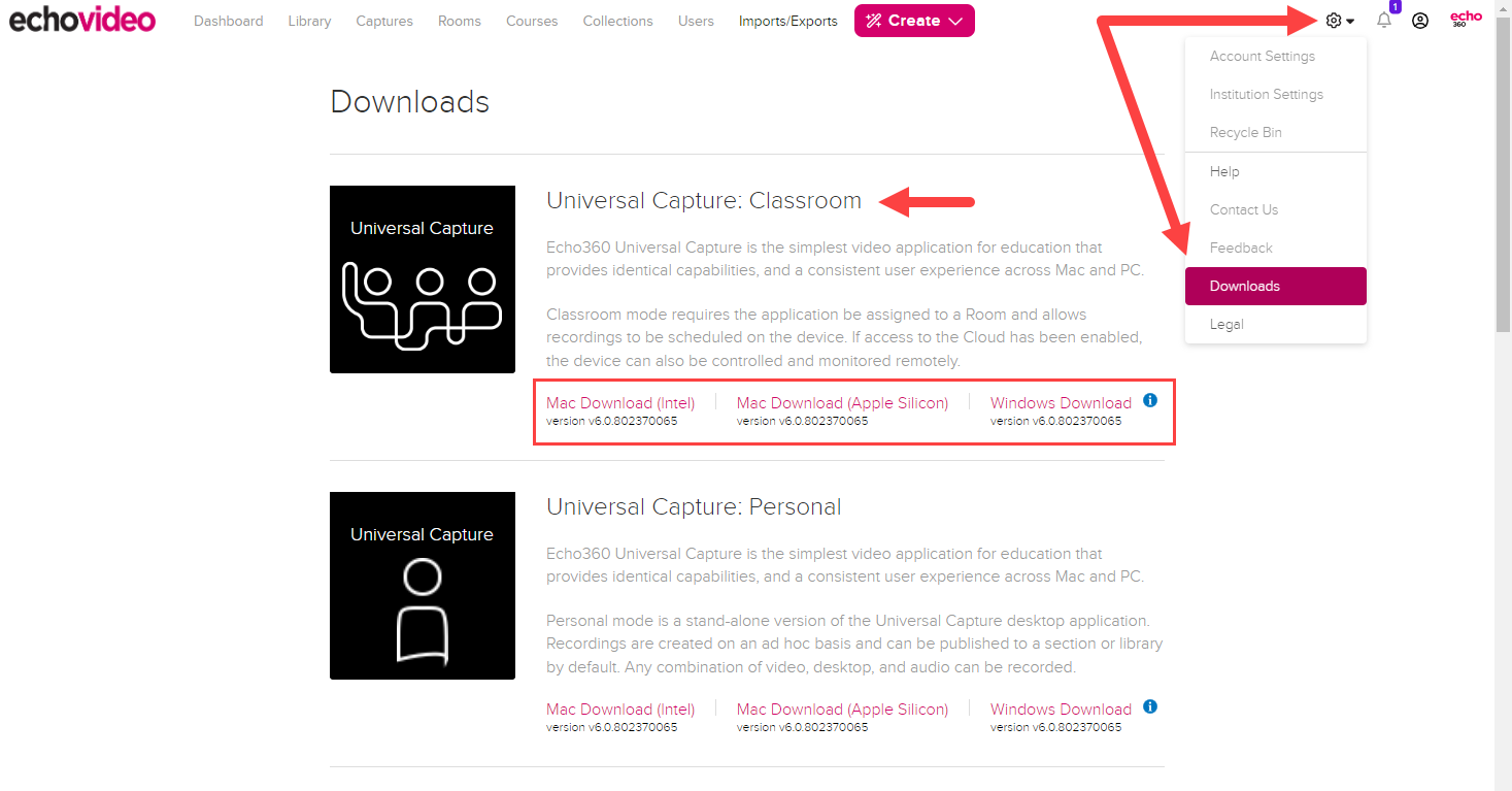 Downloads page for administrators with navigation identified and showing three download options for Universal Capture as described