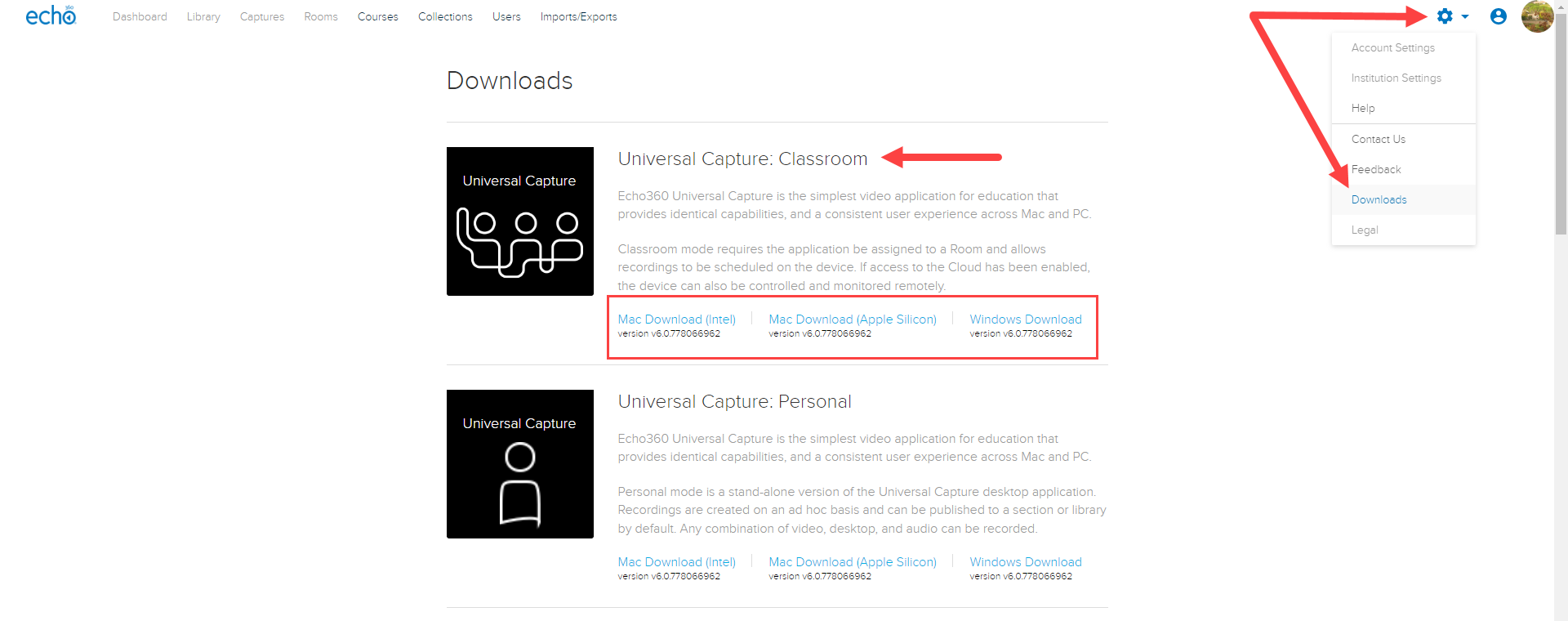 Downloads page for administrators with navigation identified and showing three download options for Universal Capture as described