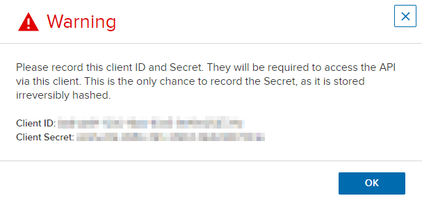 client ID and secret generated for access as described