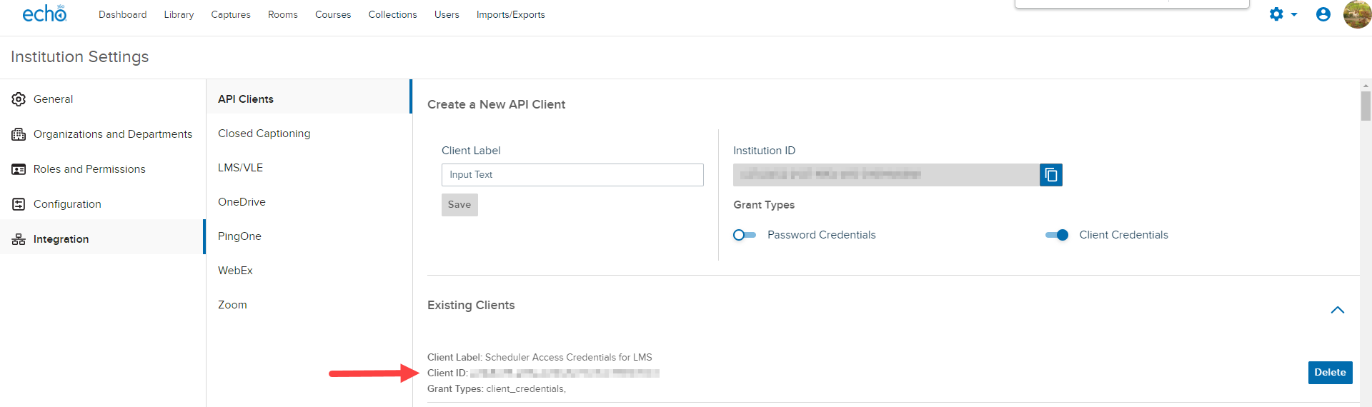 Completed API client configuration shows under Existing CLients