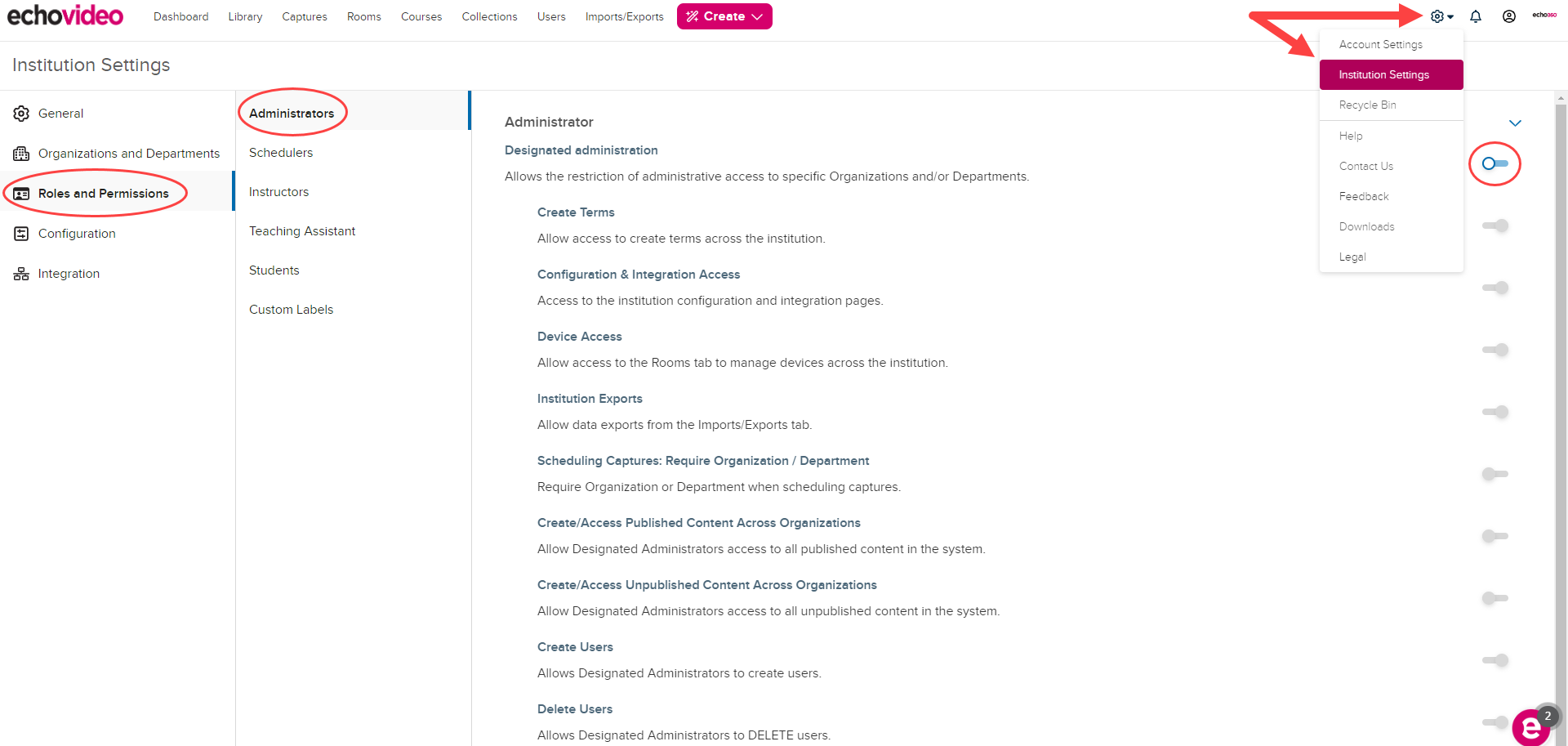 Institution Settings with Roles and Permissions Admin Settings as described