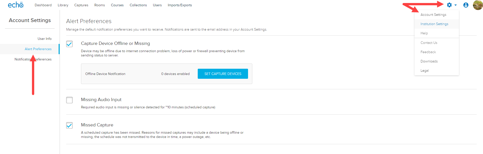 Admin account settings page with navigation and alert preferences identified