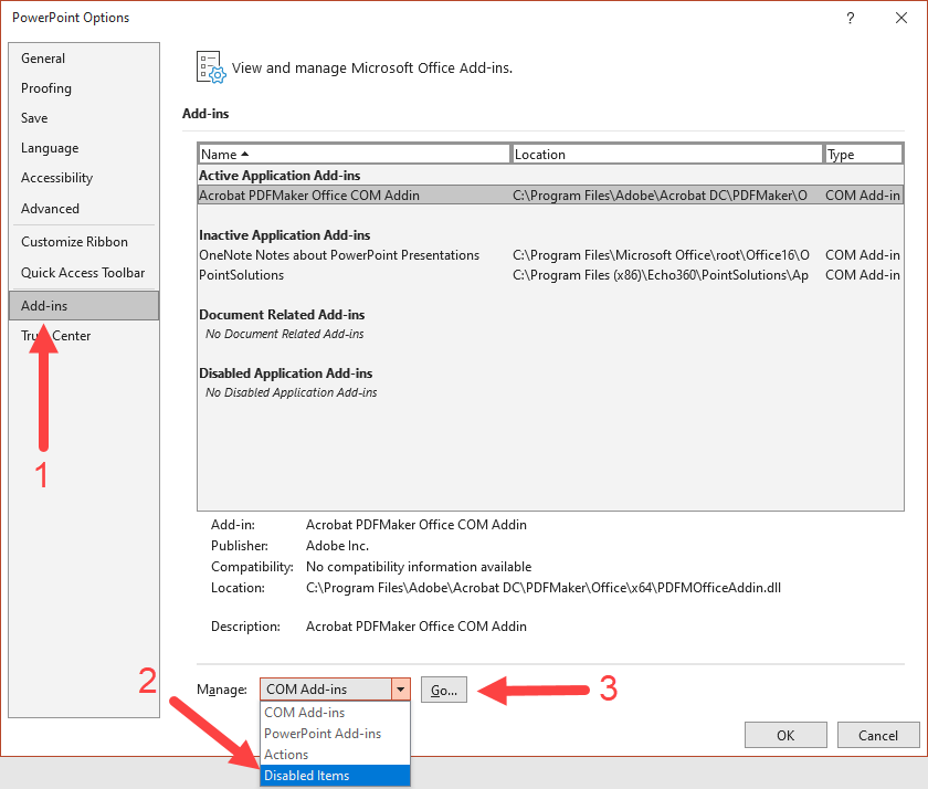 PowerPoint options displayed with steps identified