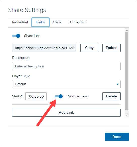 Link tab of the Share settings dialog box with new link created and public access toggle enabled as described