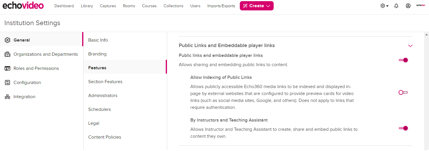 Public Links and Embeddable player option toggles in the list of Institution Feature settings with selections as described