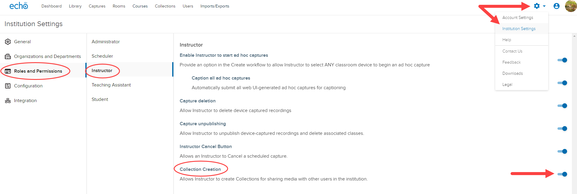 Content Creation toggle enabled for User in Roles and Permissions under Institution Settings