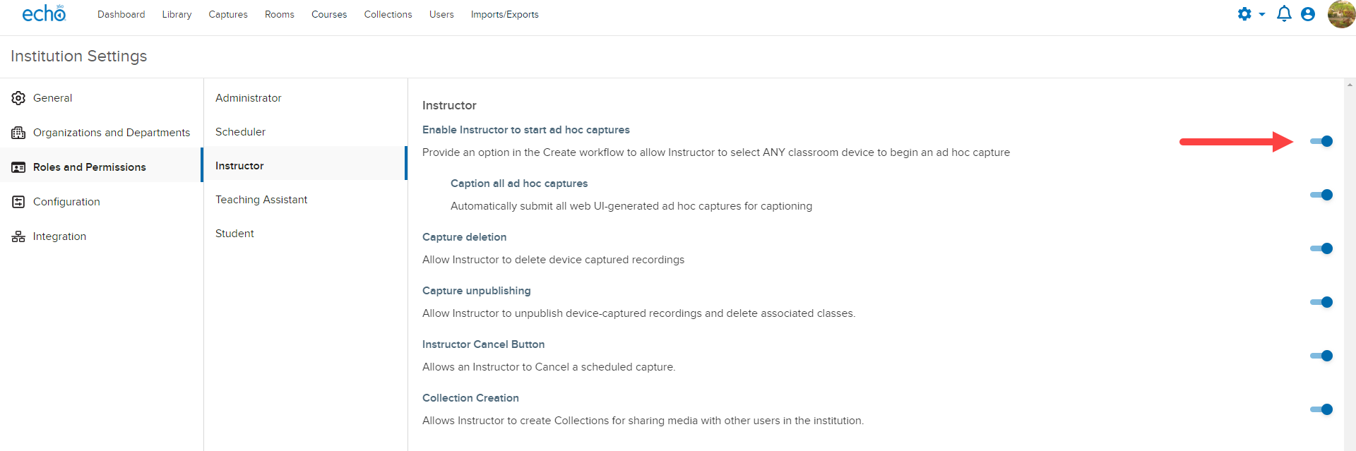 Toggle for enabling instructor ad hoc captures as described