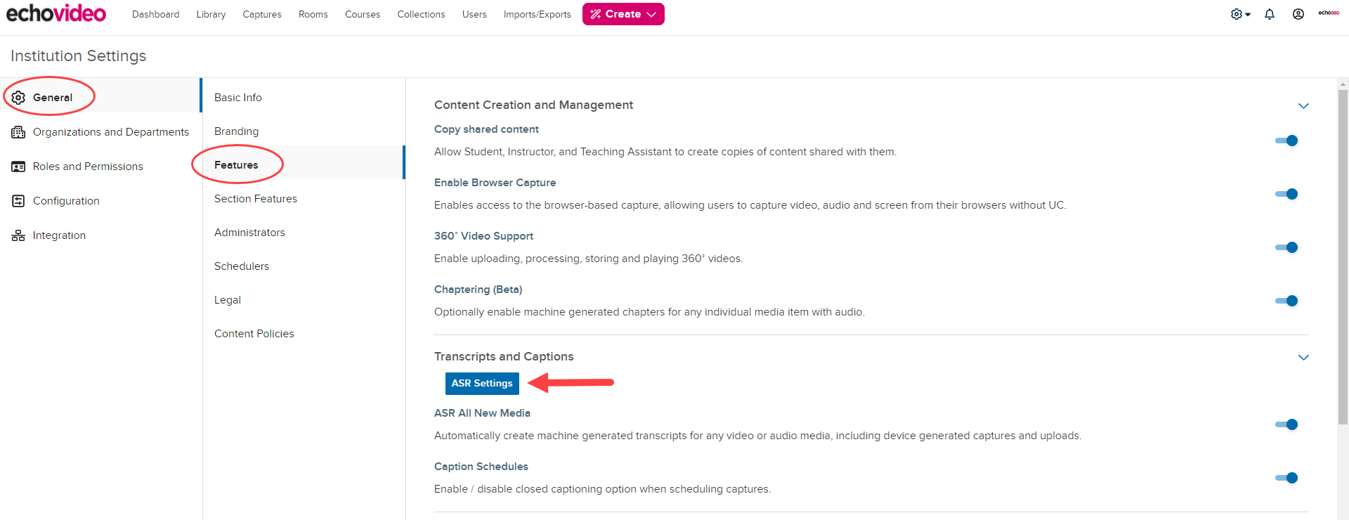 Features tab of the Institution Settings page showing the Transcripts and Captions section with the ASR Settings button identified for selection as described