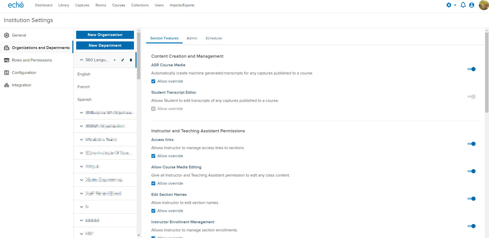 Organization expanded to see the Departments within it and action items displayed as described