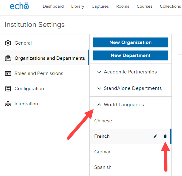 department in an organization shown with delete icon identified