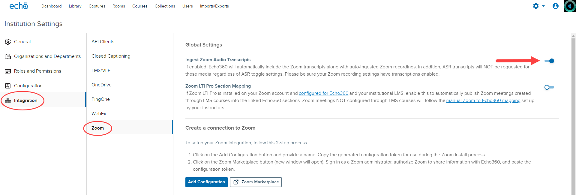 Zoom Integration page with navigation identified and Zoom transcript ingestion toggle shown for steps as described
