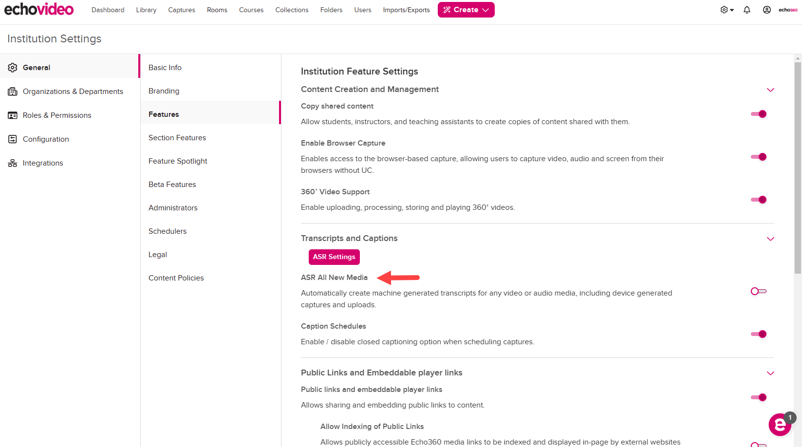 Features tab of the General page of Institution Settings with the Transcripts and Captions section shown and ASR All Media option identified for use as described