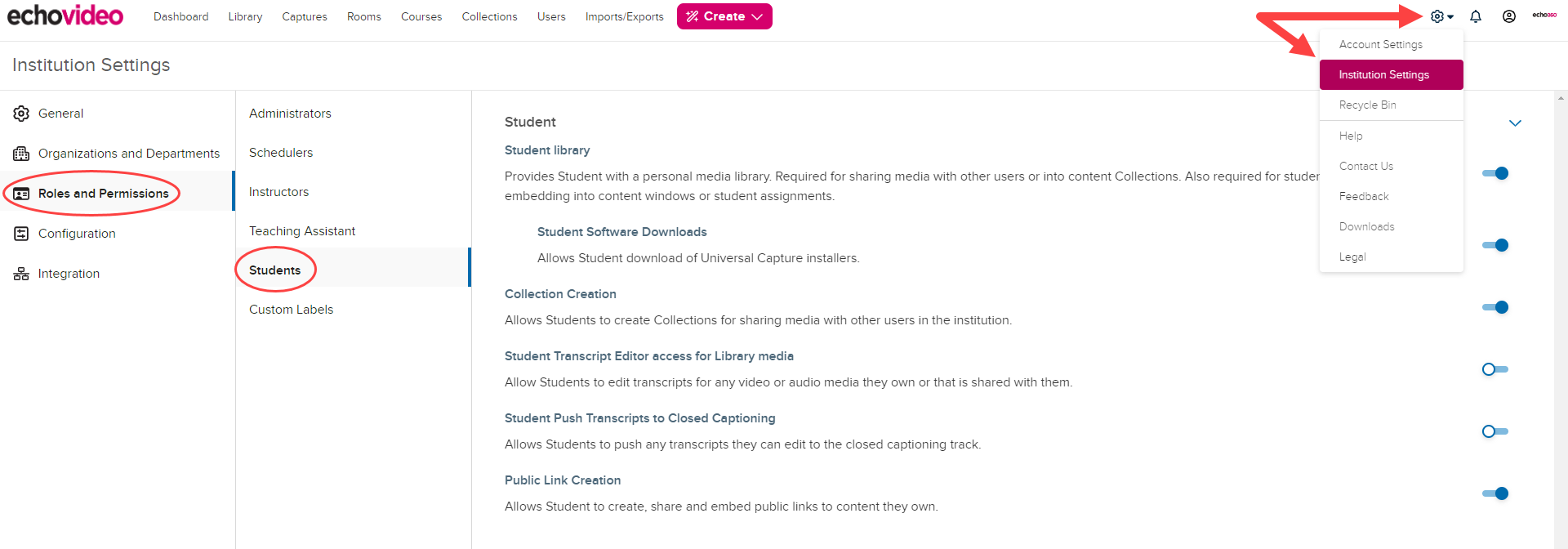 Roles and Permissions Student page with navigation identified for steps as described