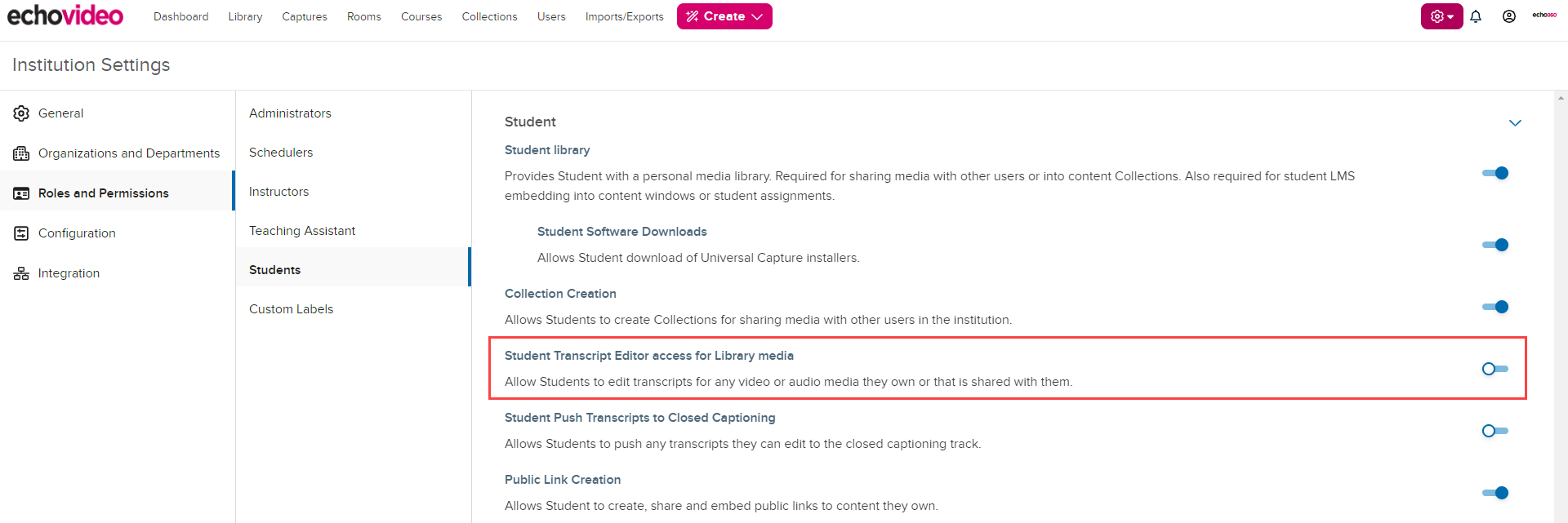 Roles and Permissions Student page and Student Transcript access to Library media option identified for steps as described