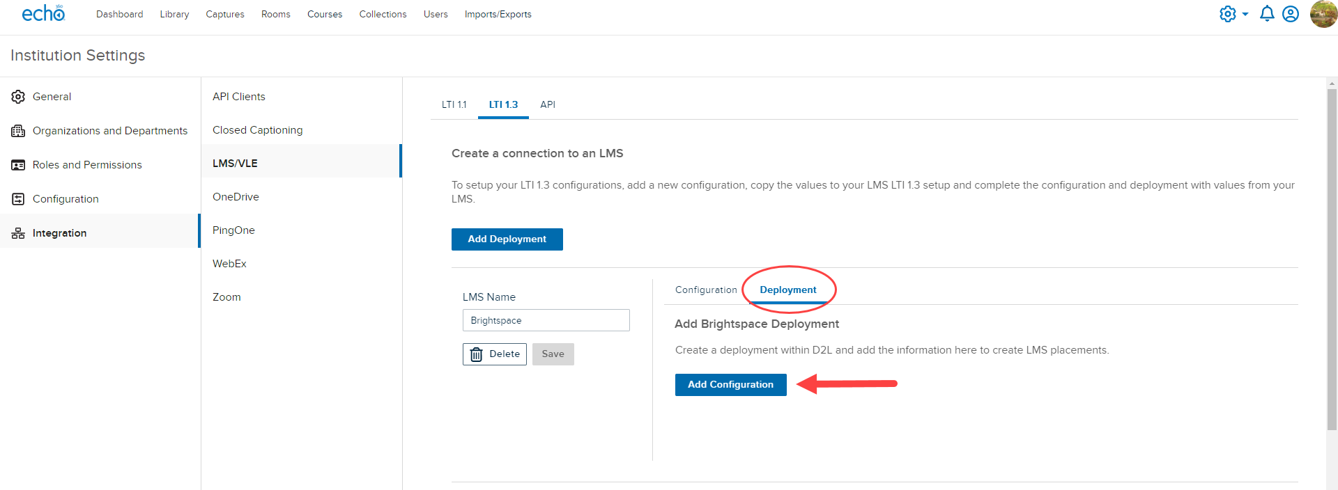 Echo360 LMS Deployment with Add Configuration button as described