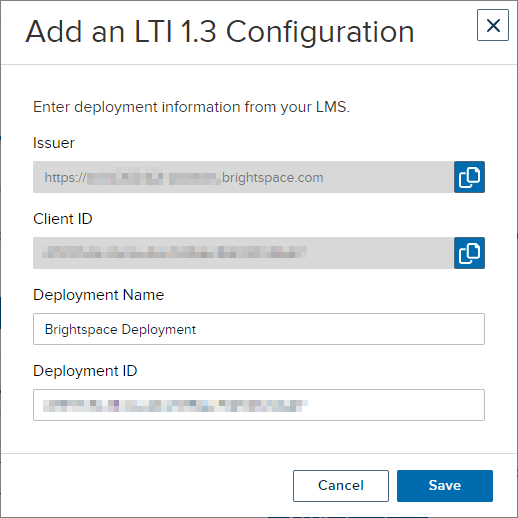 LTI Configuration with Deployment Name and Deployment ID populated as described