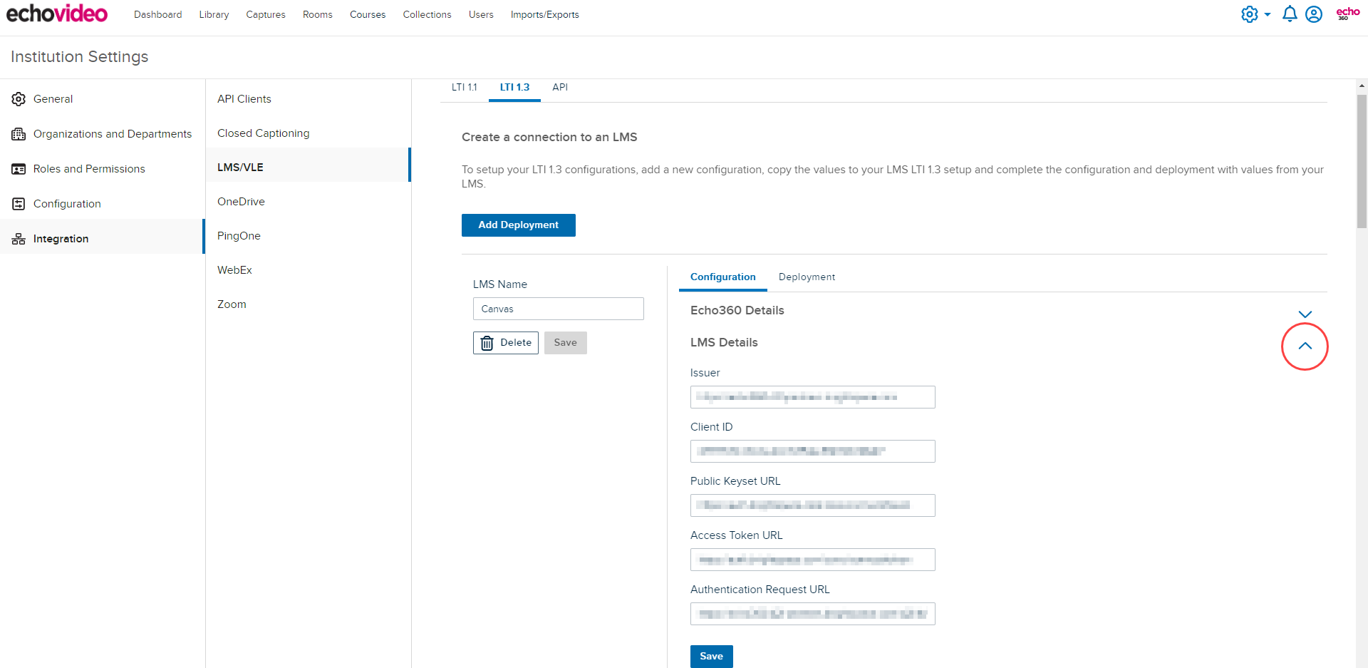 EchoVideo LMS Configuration Details Expanded as described