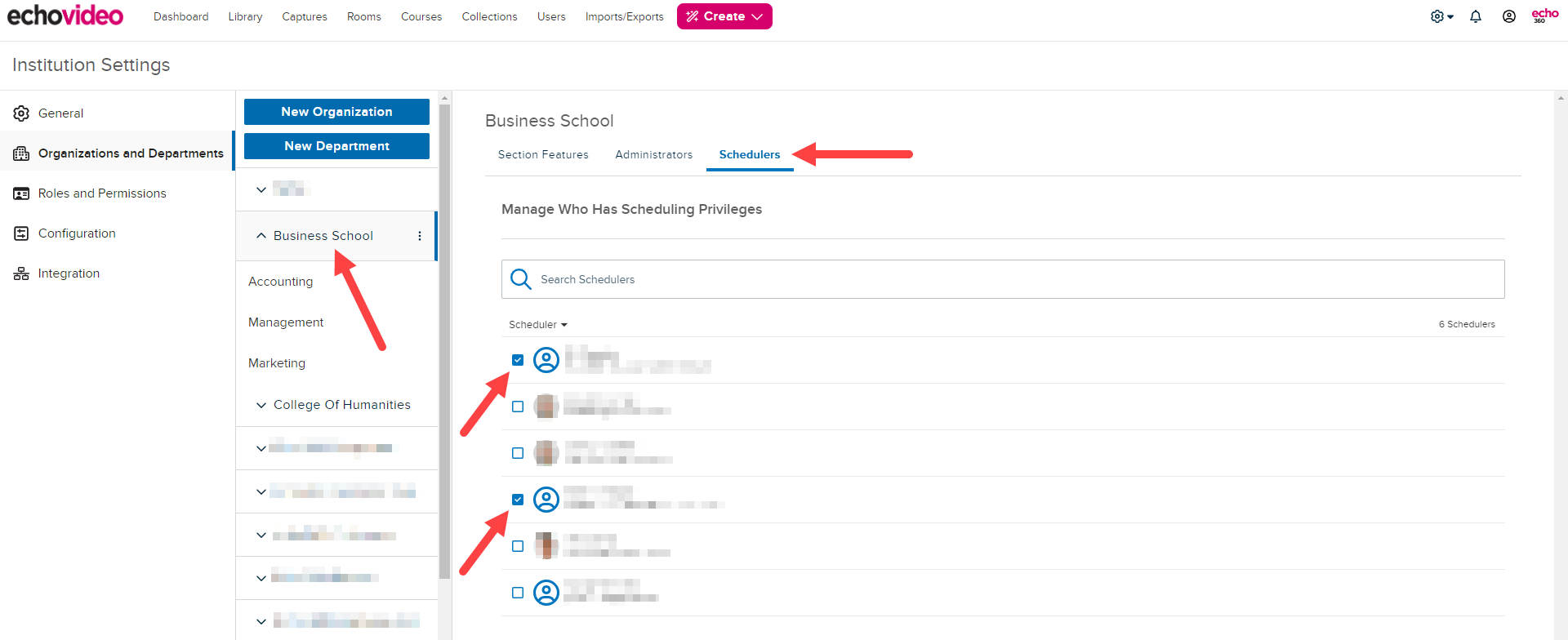 Institution Settings with Organizations & Departments and Administrators list selected and organizational-level administrators identified as described