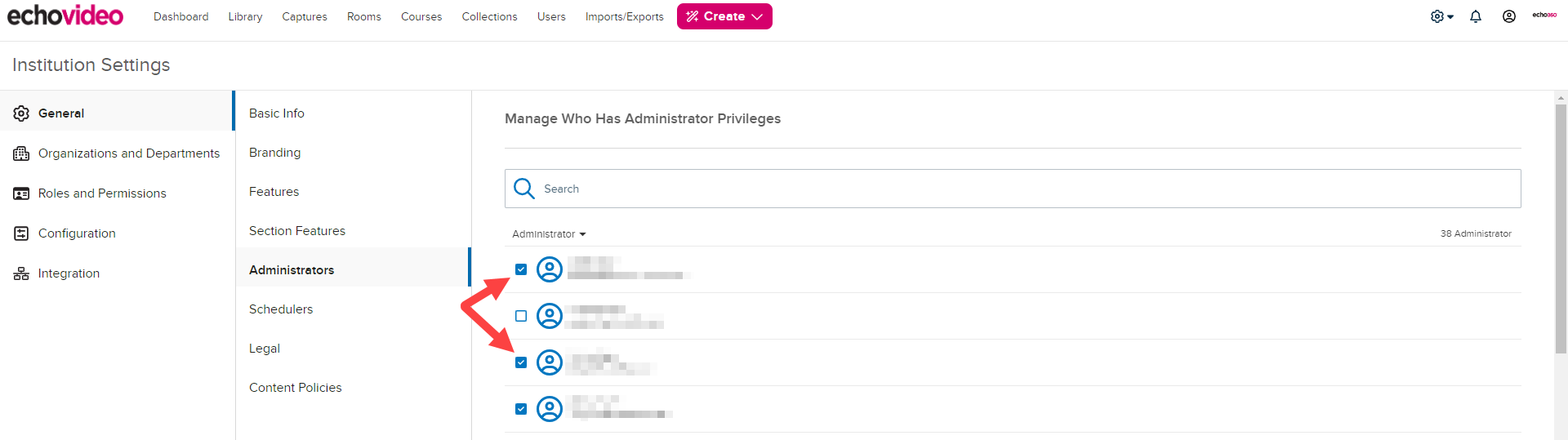 Institution Settings with General and Administrators list selected and institution-level administrators checked and shown as described