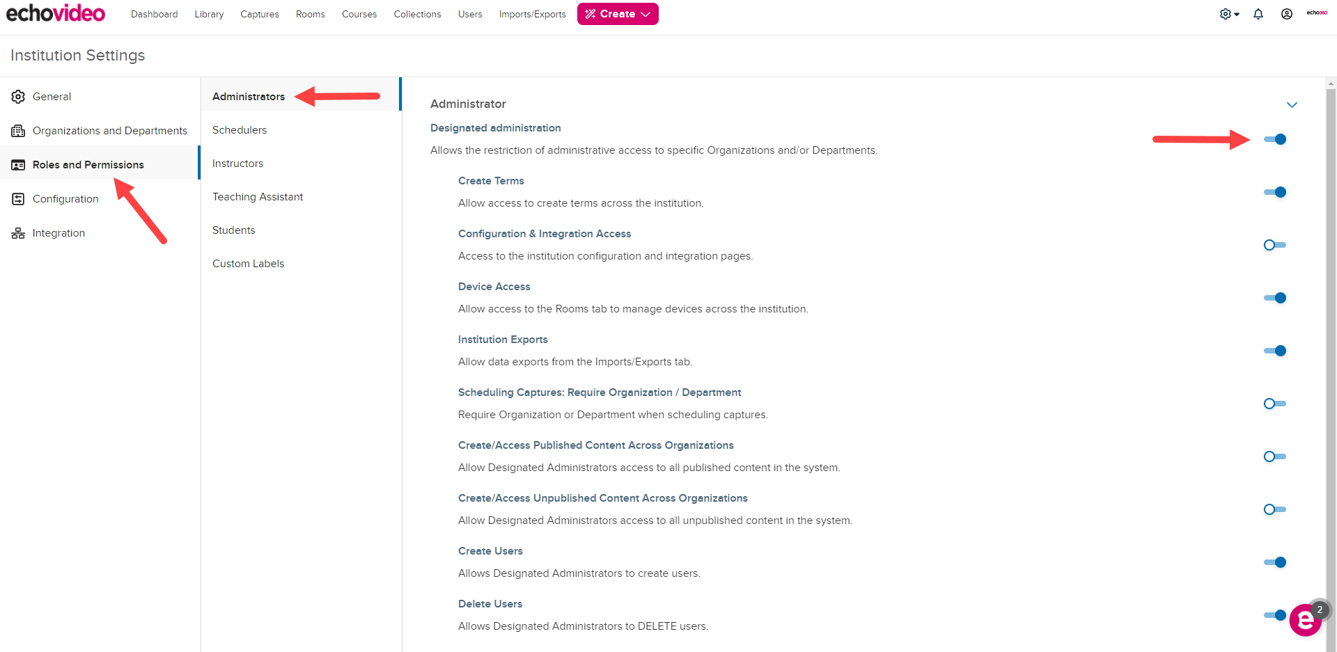 Institution Roles and Permissions with Administrator selected and Designated Administration shown for steps as described