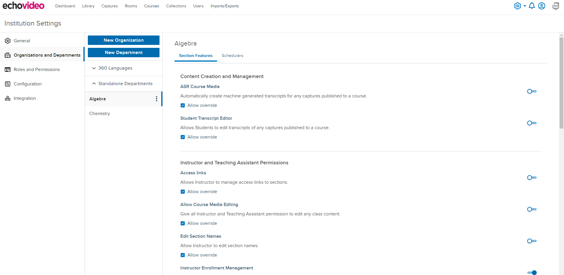 Institution Settings with Organizations and Departments with features and settings as described