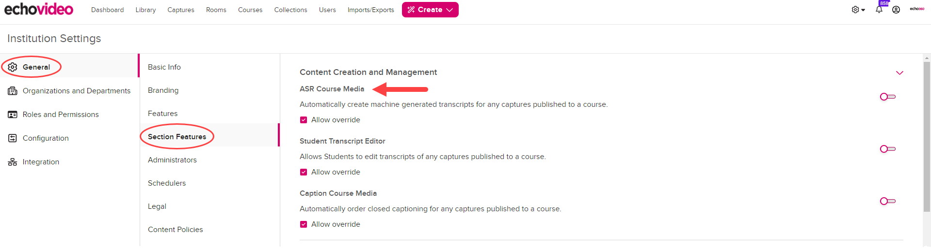 Sections Features tab of the Insitution Settings General page for the institution-level with the Content Creation and Management area shown as described