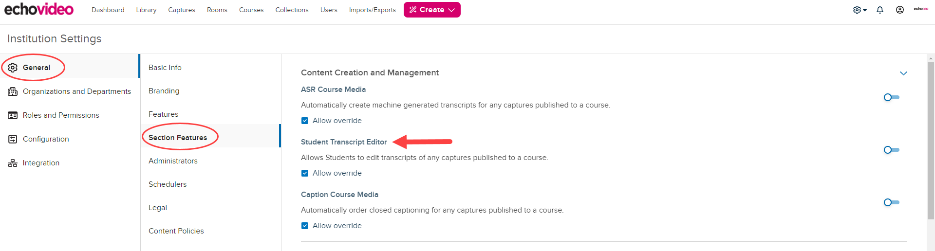 Institution Features with student transcript editing toggle identified for steps as described