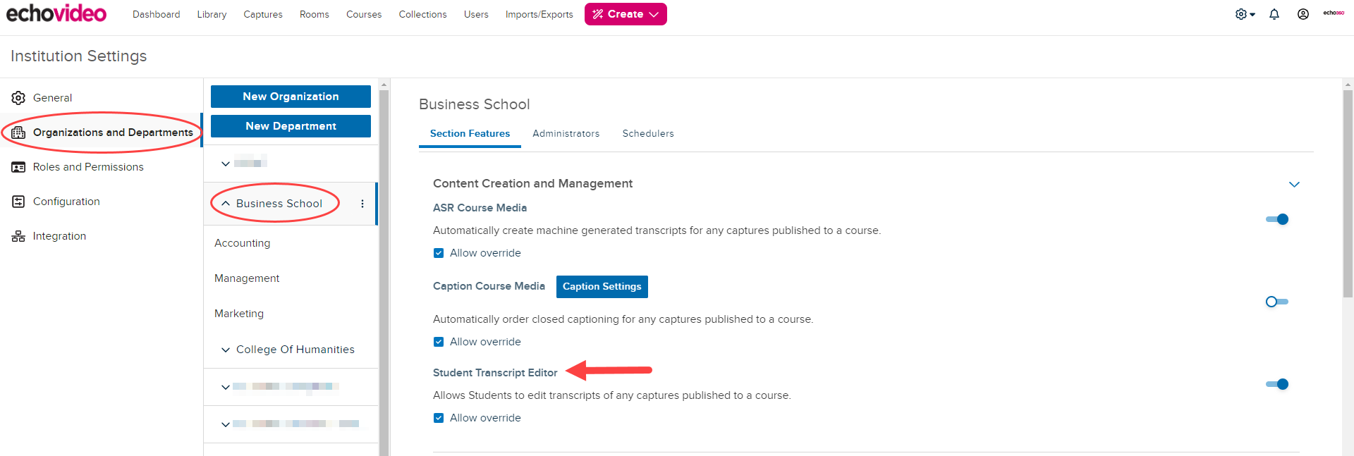 Organization selected with Section Features showing and student transcript editing toggle identified for steps as described