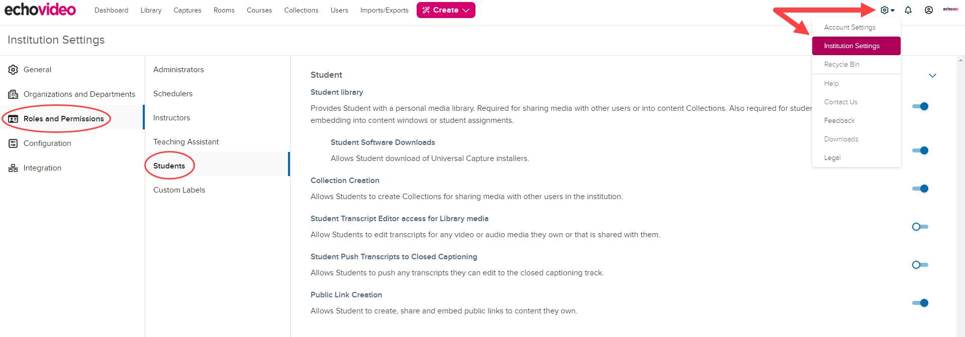 Institution Settings open to Roles and Permissions for Students as shown by the steps described