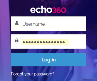 The Echo360 support page with the Username, password, log in button and forget password link identified