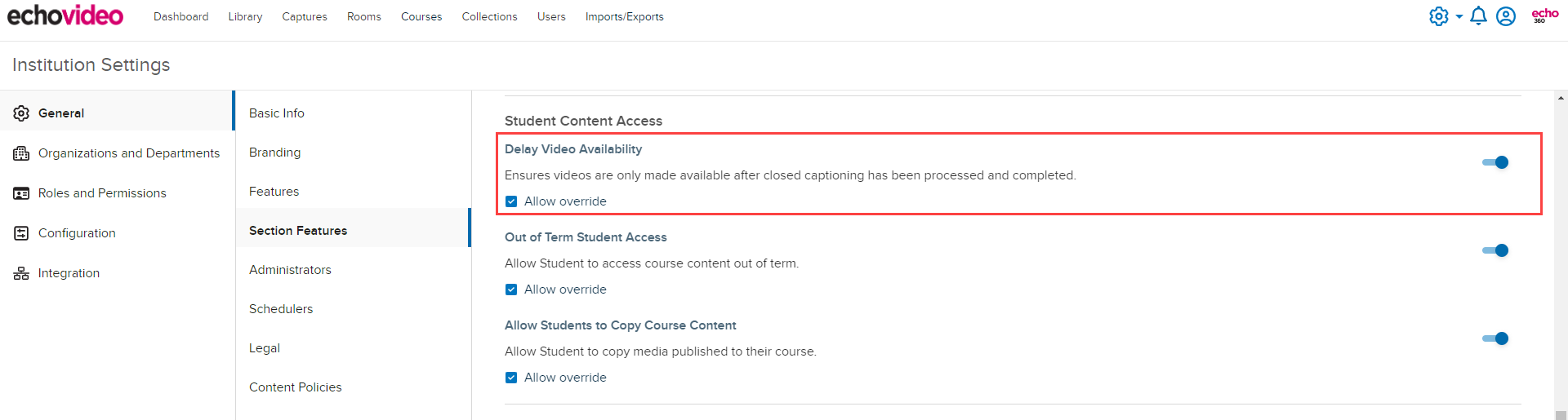 Institution Settings Section Features with Delay Video Availability under Student Content Access shown as described