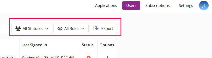 User filters and export option
