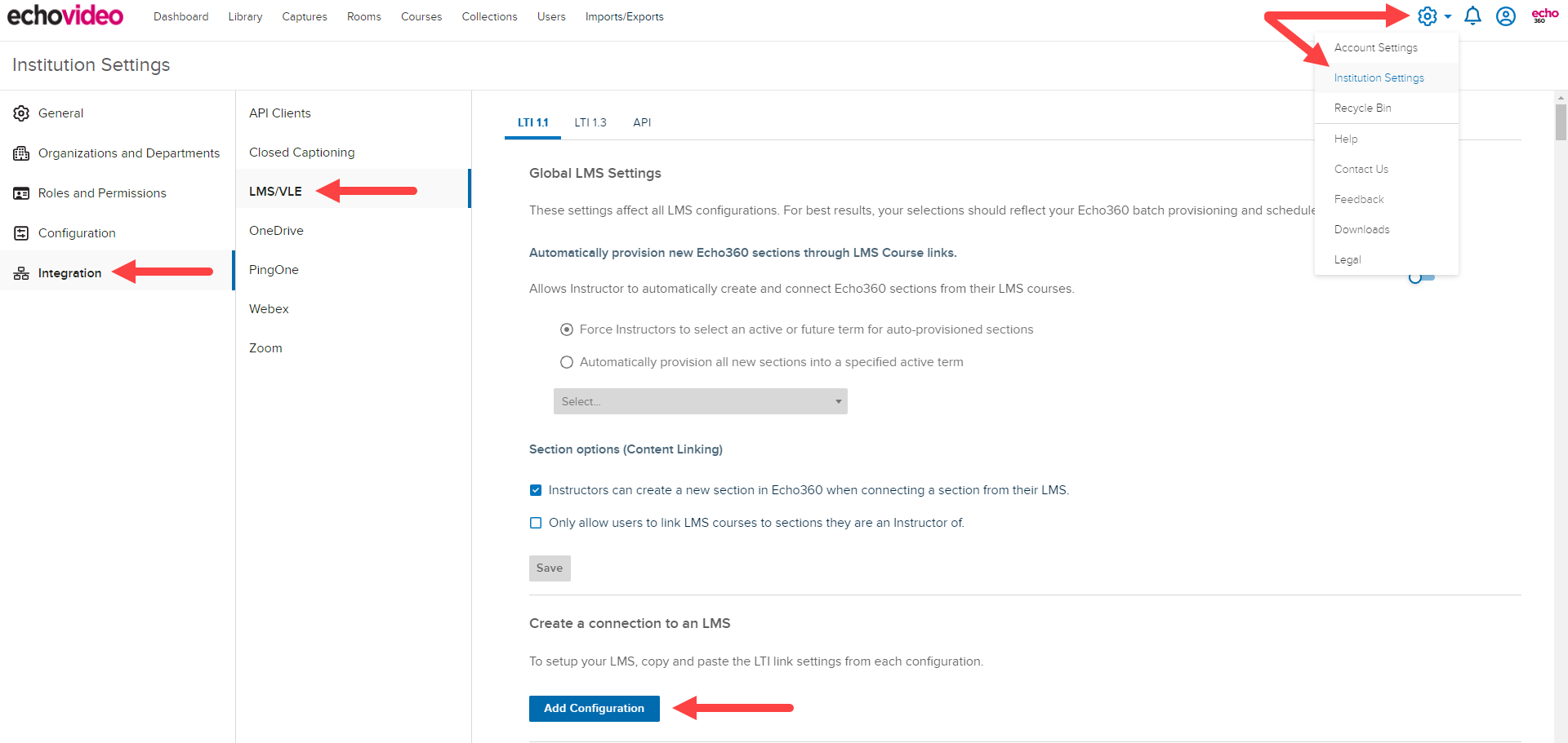 LMS Configurations page with settings menu open and navigation identified as described