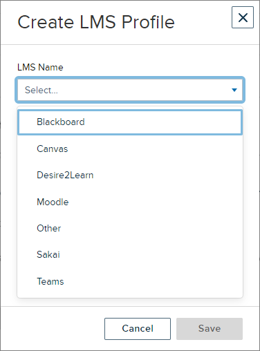 Create LMS Profile dialog box with dropdown list and selections as described