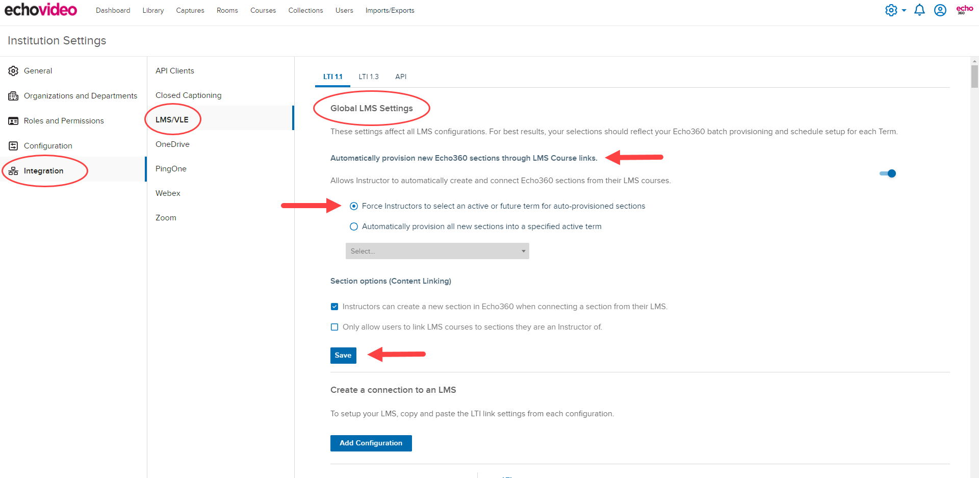 LMS Configurations page with Global Settings shown and Automatically provision new Echo360 sections through LMS Course links toggle enabled as described