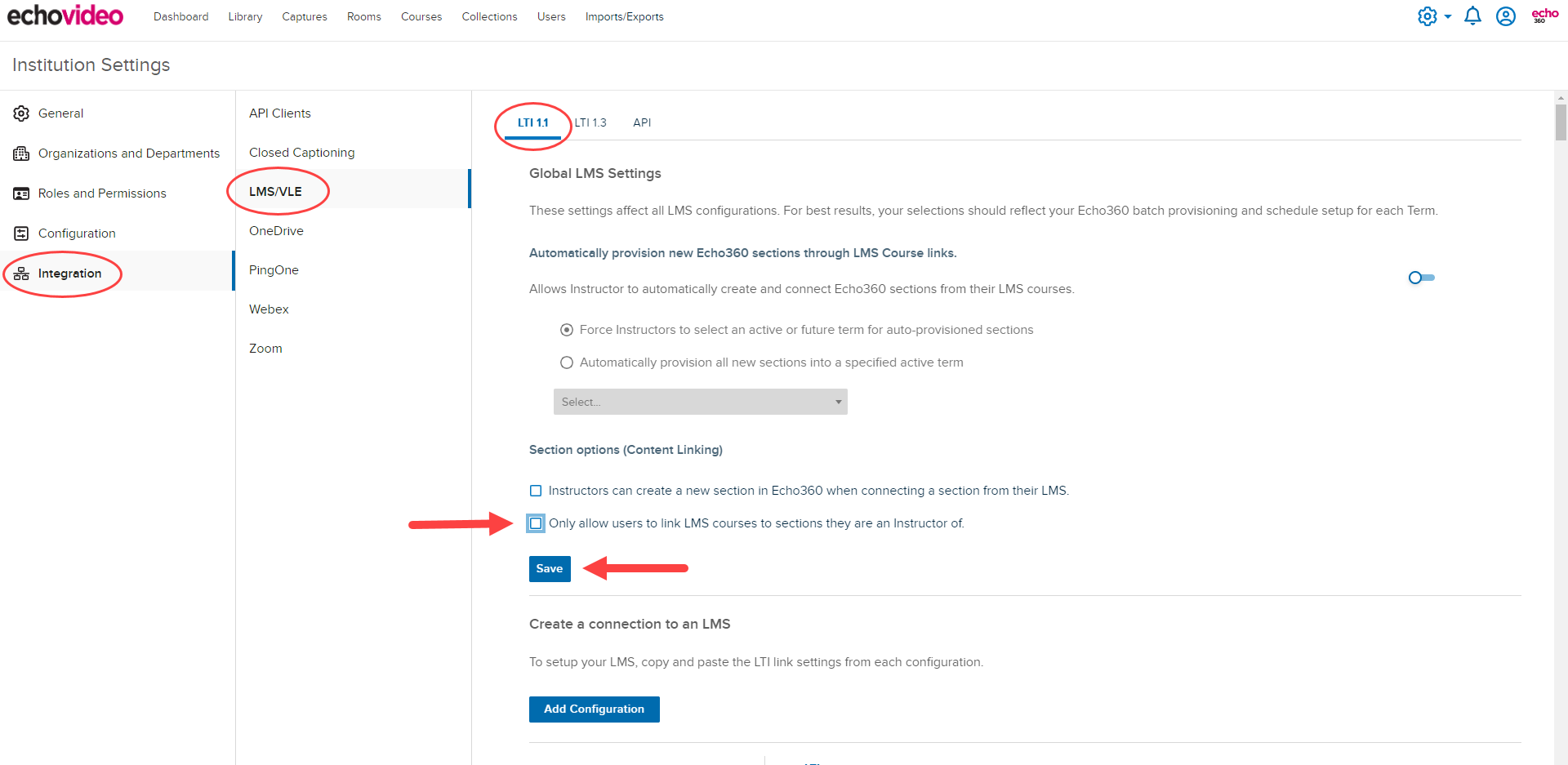 LMS Configurations page with Global Settings shown and Section creation option identified for steps as described