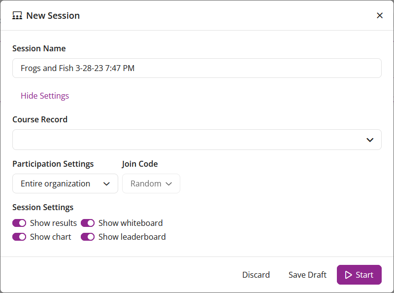 The New Session window with all settings displayed