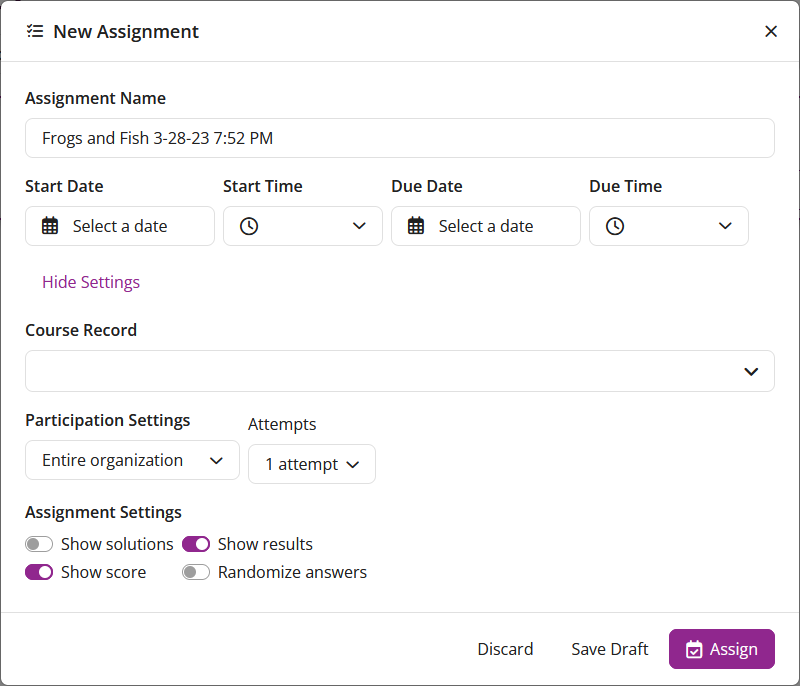 The New Assignment window