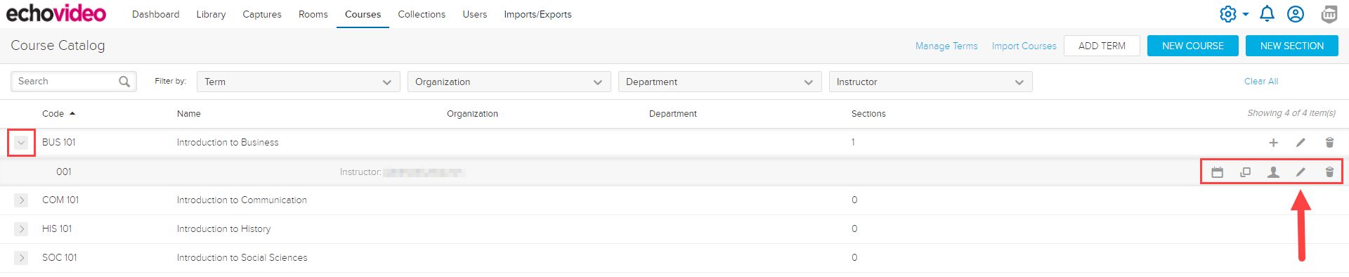 Course list with sections shown and action icons identified