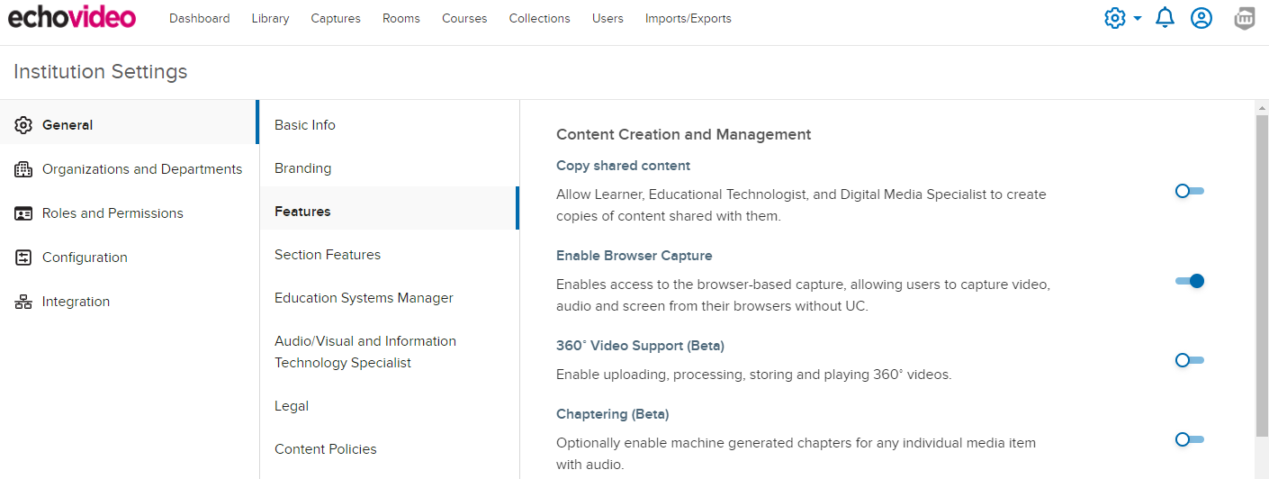 The EchoVideo insitution settings page with general features selected