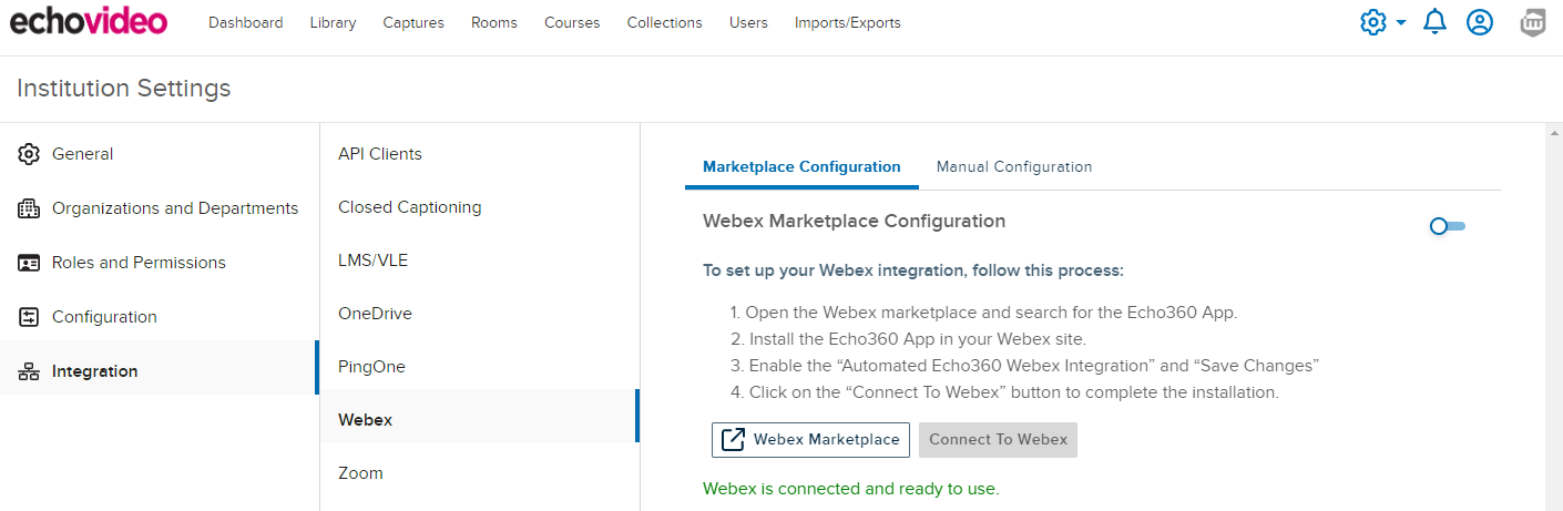 The EchoVideo insitution settings page with the Webex integration selected