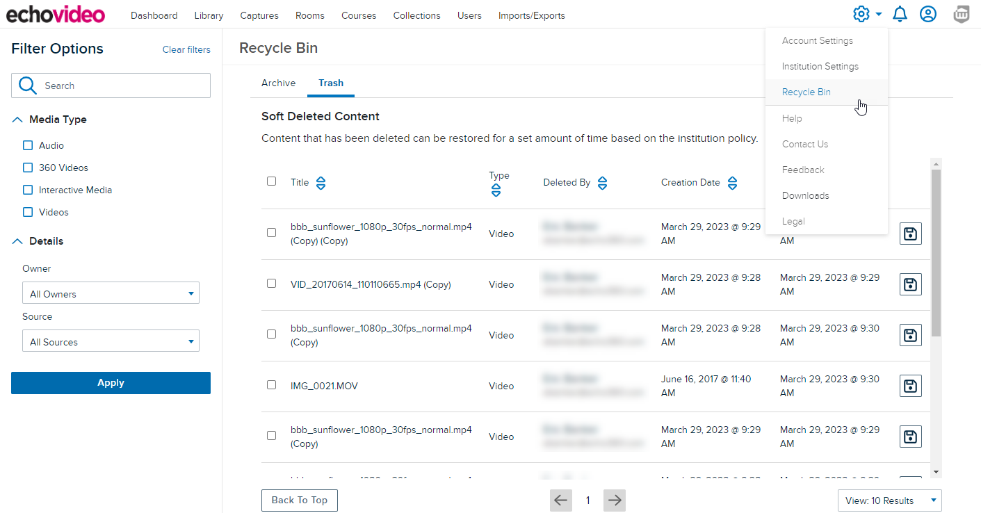 The EchoVideo Recycle Bin page showing existing soft deleted content