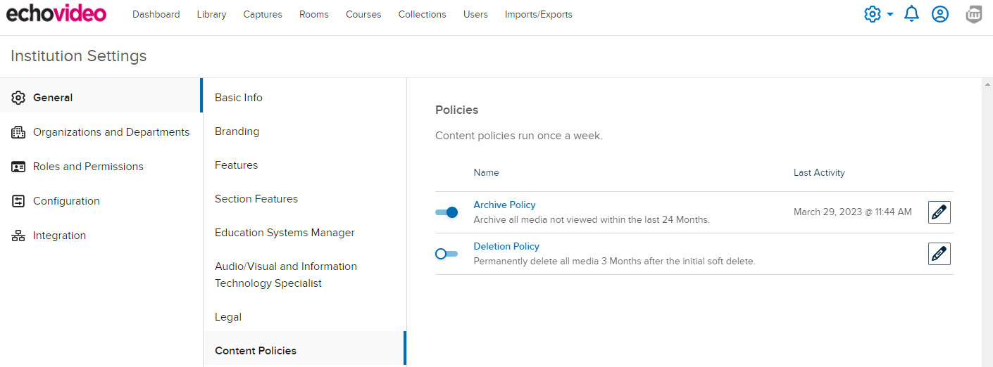 The EchoVideo insitution settings page with the genearl content policies selected